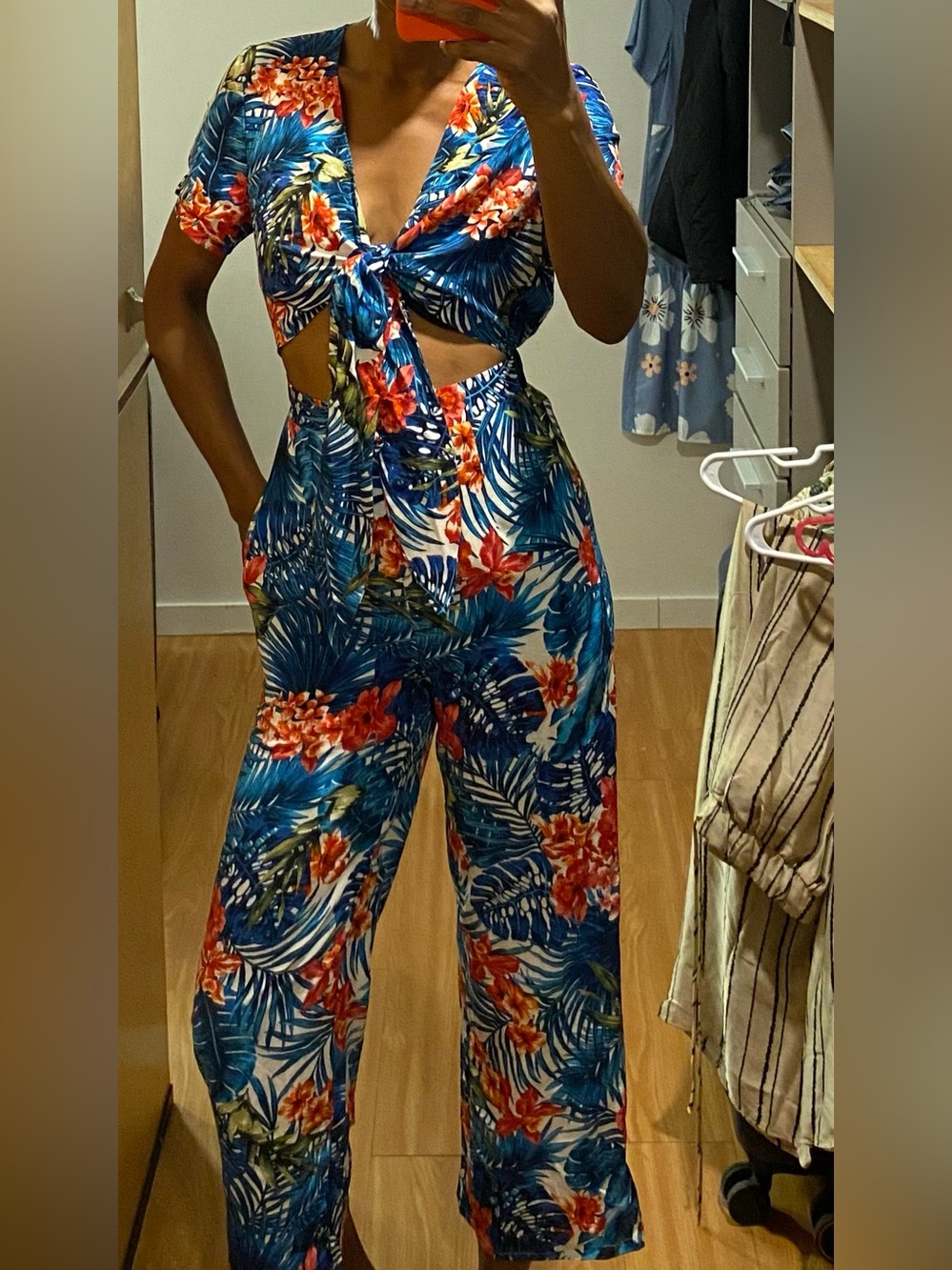 Tropical Blue Floral Cutout Tie-Front capris Jumpsuit